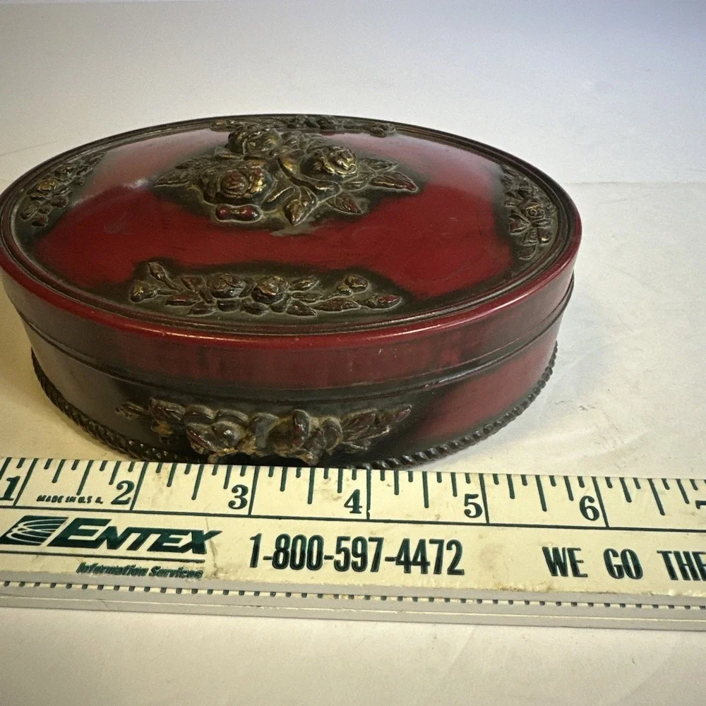 Vintage Burgundy Resin Oval Trinket Box Red Gold W/ Sculpted Floral Decorations